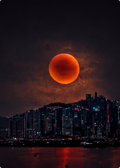 Hong Kong Skyline Red Moon